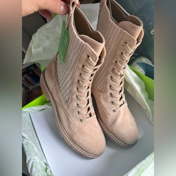 NIB Sam Edelman Lydell Combat Sesame Suede Tan Knit Sock Ankle Boots size 8.5 - Picture 5 of 12